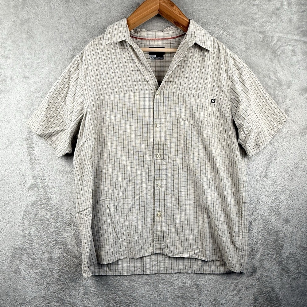 Marmot Button Up Shirt Mens XL White Brown Plaid S/S Outdoor Gorp Grunge FLAW - Picture 1 of 10
